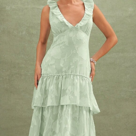 Mint Green Party Women's Floral Textured Tiered Ruffle Maxi Dress Dresses - Picture 4 of 5
